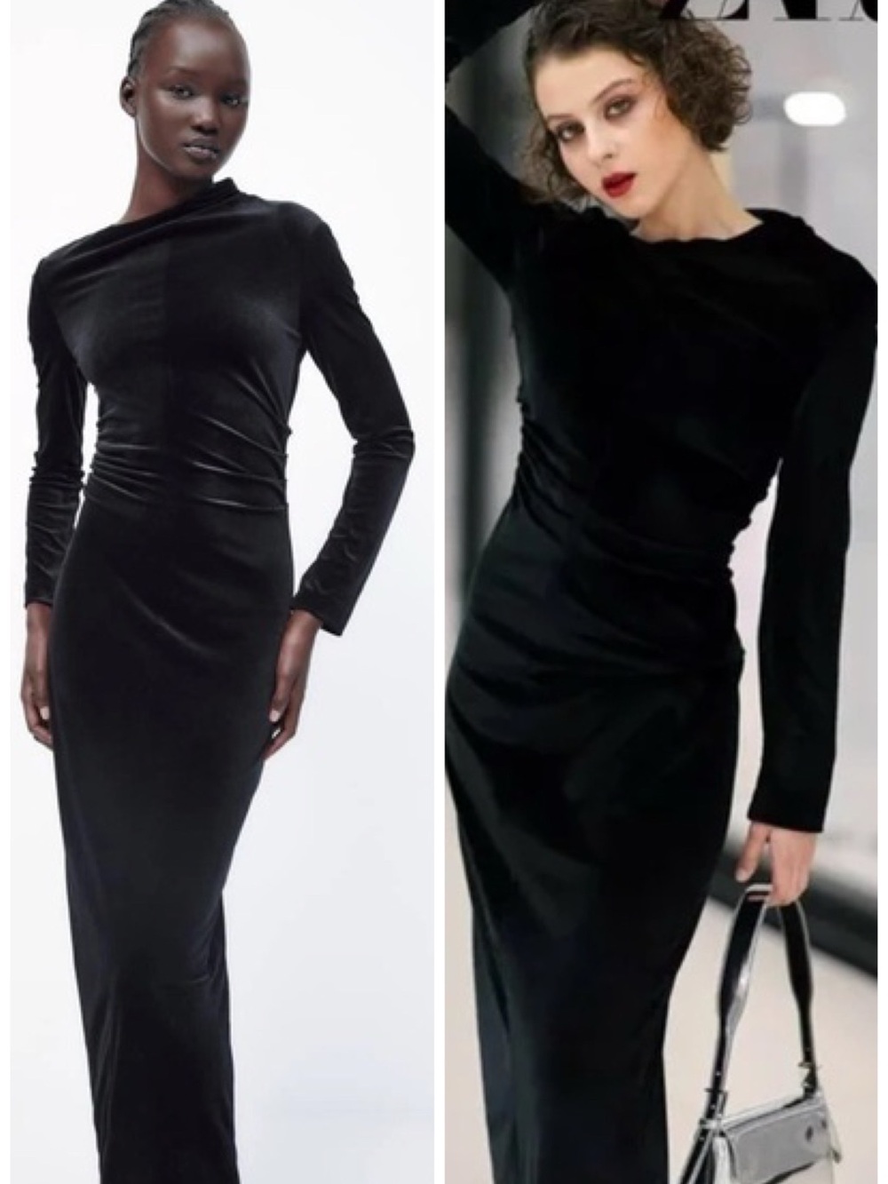 Zara Velvet Ruched Long Sleeve Maxi Dress in Black Size XS EUC